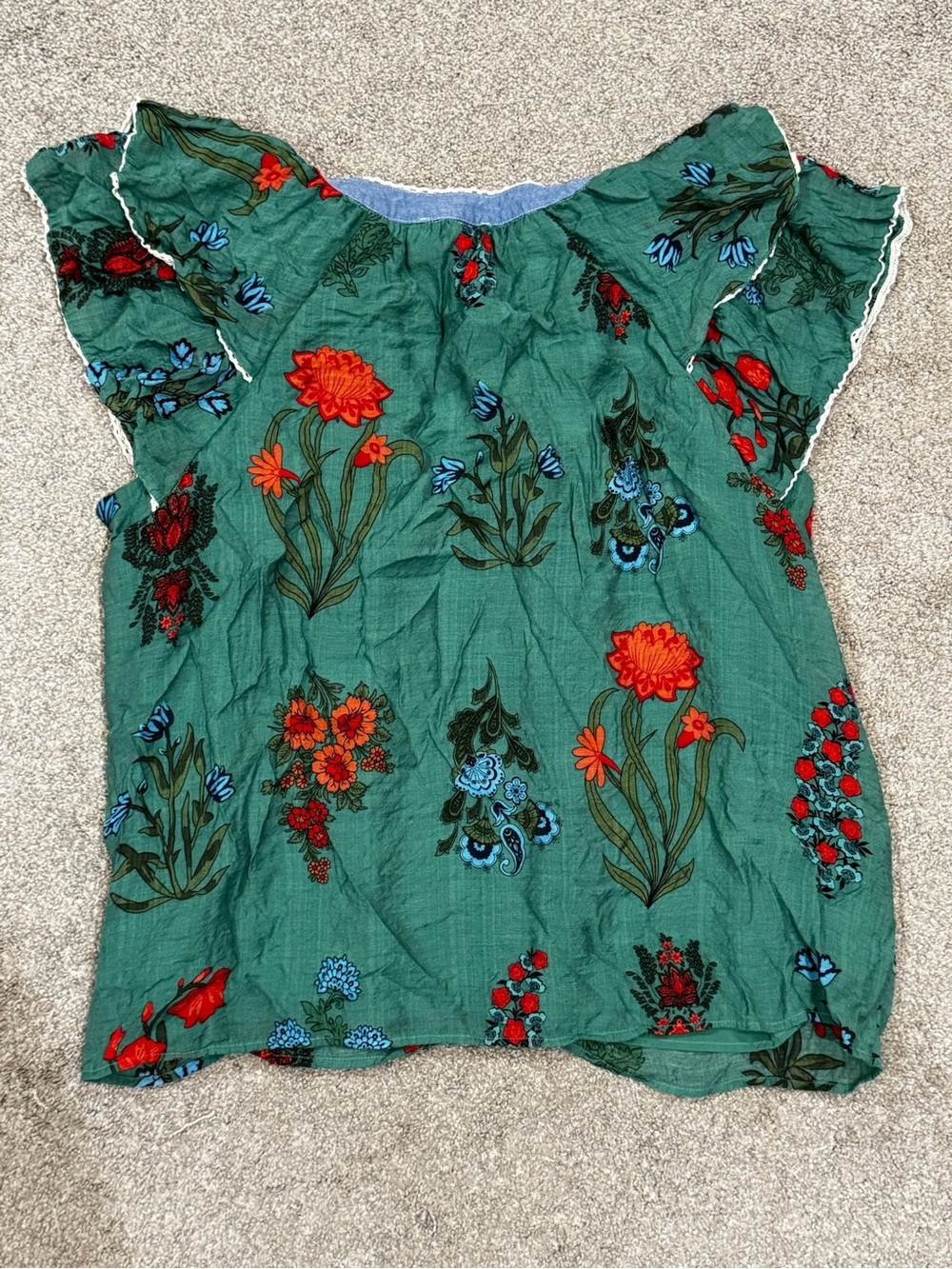Women’s THML  Green Floral Embroidered Flutter Short Sleeve Top Size XL tassles - Picture 6 of 8